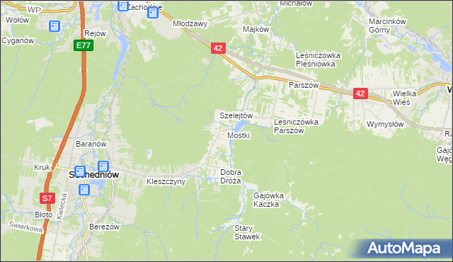 mapa Mostki gmina Suchedniów, Mostki gmina Suchedniów na mapie Targeo