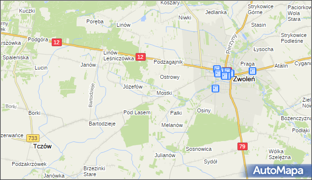 mapa Mostki gmina Zwoleń, Mostki gmina Zwoleń na mapie Targeo