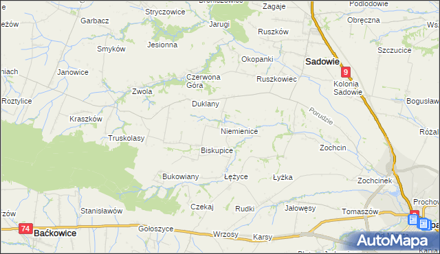 mapa Niemienice gmina Sadowie, Niemienice gmina Sadowie na mapie Targeo