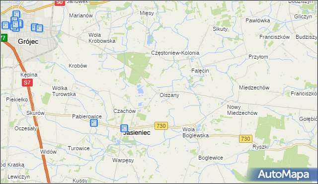 mapa Olszany gmina Jasieniec, Olszany gmina Jasieniec na mapie Targeo