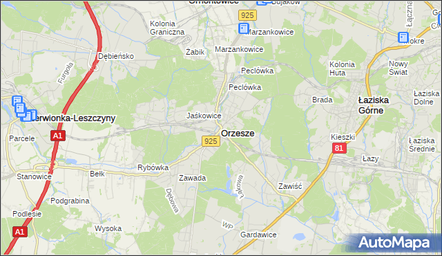 mapa Orzesze powiat mikołowski, Orzesze powiat mikołowski na mapie Targeo