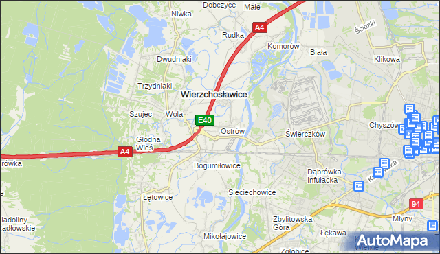 mapa Ostrów gmina Wierzchosławice, Ostrów gmina Wierzchosławice na mapie Targeo