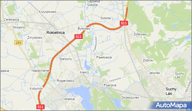 mapa Pawłowice gmina Rokietnica, Pawłowice gmina Rokietnica na mapie Targeo