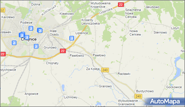 mapa Pawłowo gmina Chojnice, Pawłowo gmina Chojnice na mapie Targeo