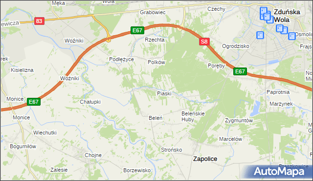 mapa Piaski gmina Zduńska Wola, Piaski gmina Zduńska Wola na mapie Targeo