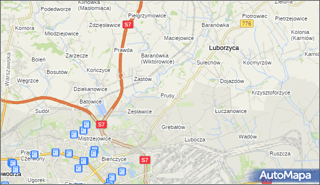 mapa Prusy gmina Kocmyrzów-Luborzyca, Prusy gmina Kocmyrzów-Luborzyca na mapie Targeo
