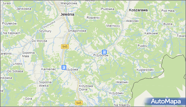 mapa Przyborów gmina Jeleśnia, Przyborów gmina Jeleśnia na mapie Targeo