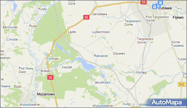 mapa Rakowice gmina Lubawa, Rakowice gmina Lubawa na mapie Targeo