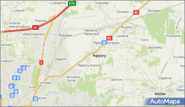 mapa Rędziny powiat częstochowski, Rędziny powiat częstochowski na mapie Targeo