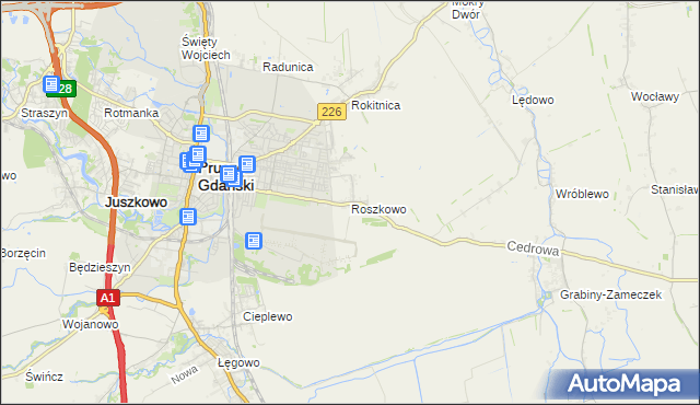 mapa Roszkowo gmina Pruszcz Gdański, Roszkowo gmina Pruszcz Gdański na mapie Targeo