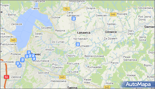 mapa Rychwałd gmina Gilowice, Rychwałd gmina Gilowice na mapie Targeo