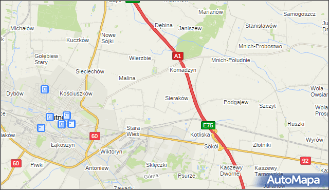 mapa Sieraków gmina Kutno, Sieraków gmina Kutno na mapie Targeo