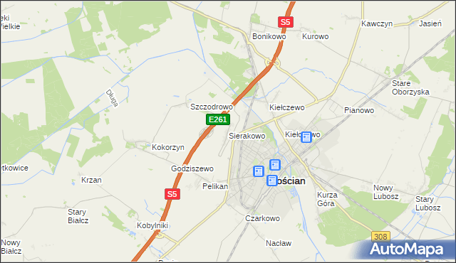 mapa Sierakowo gmina Kościan, Sierakowo gmina Kościan na mapie Targeo