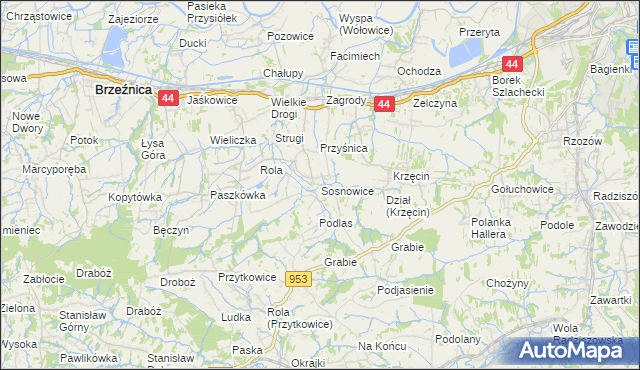 mapa Sosnowice gmina Brzeźnica, Sosnowice gmina Brzeźnica na mapie Targeo