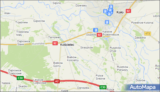 mapa Straszków gmina Kościelec, Straszków gmina Kościelec na mapie Targeo