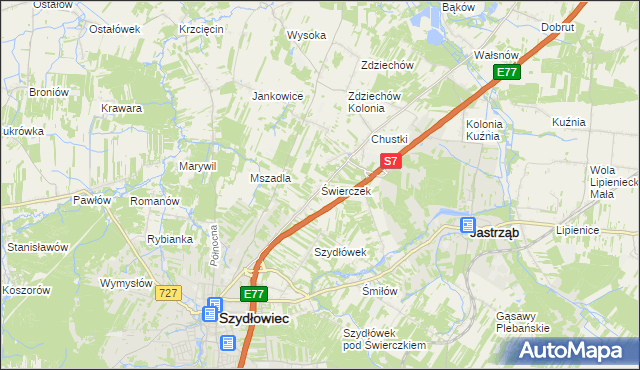 mapa Świerczek gmina Szydłowiec, Świerczek gmina Szydłowiec na mapie Targeo