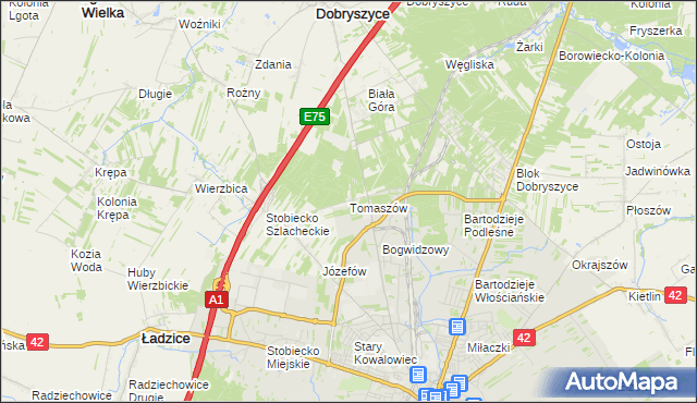 mapa Tomaszów gmina Ładzice, Tomaszów gmina Ładzice na mapie Targeo