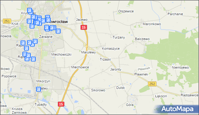 mapa Trzaski gmina Inowrocław, Trzaski gmina Inowrocław na mapie Targeo