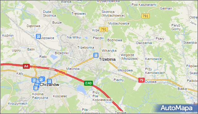 mapa Trzebinia powiat chrzanowski, Trzebinia powiat chrzanowski na mapie Targeo