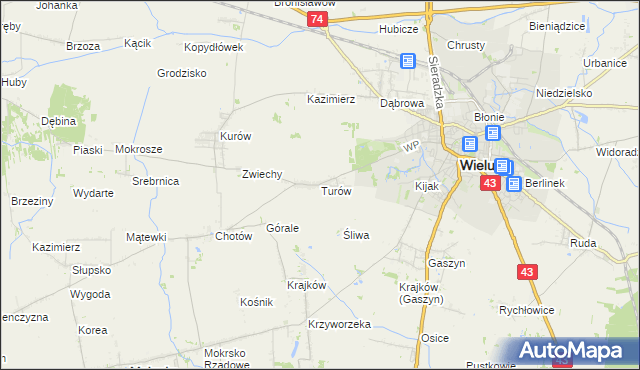 mapa Turów gmina Wieluń, Turów gmina Wieluń na mapie Targeo