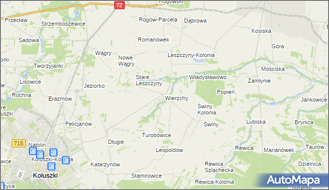 mapa Wierzchy gmina Koluszki, Wierzchy gmina Koluszki na mapie Targeo