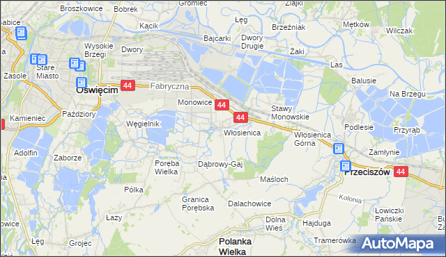 mapa Włosienica gmina Oświęcim, Włosienica gmina Oświęcim na mapie Targeo