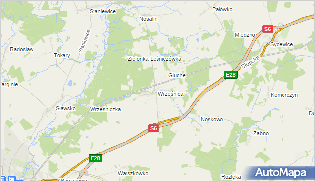 mapa Wrześnica gmina Sławno, Wrześnica gmina Sławno na mapie Targeo