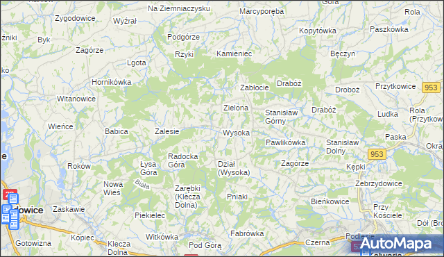 mapa Wysoka gmina Wadowice, Wysoka gmina Wadowice na mapie Targeo
