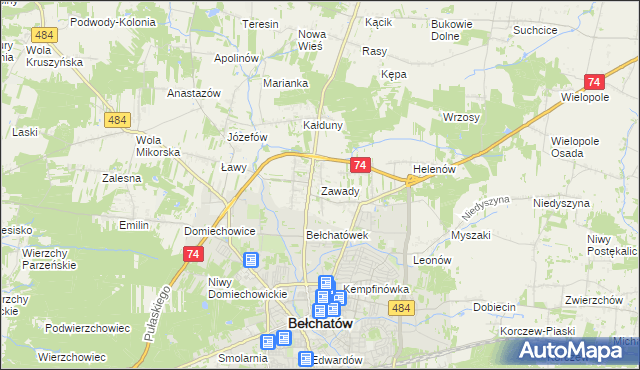 mapa Zawady gmina Bełchatów, Zawady gmina Bełchatów na mapie Targeo