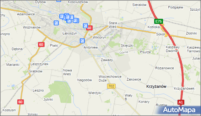 mapa Zawady gmina Krzyżanów, Zawady gmina Krzyżanów na mapie Targeo