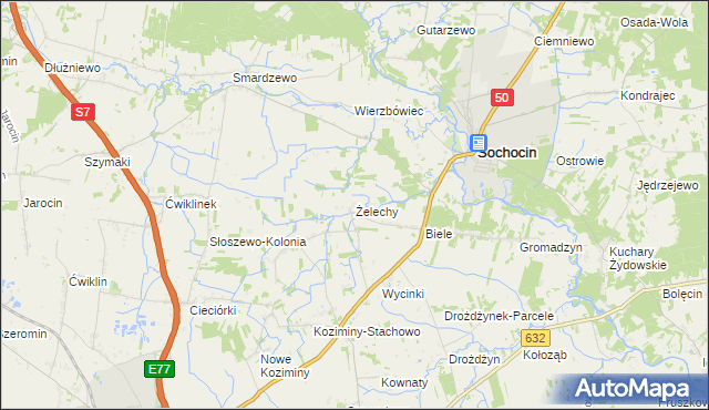 mapa Żelechy gmina Sochocin, Żelechy gmina Sochocin na mapie Targeo