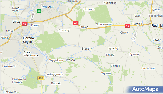 mapa Brzeziny gmina Praszka, Brzeziny gmina Praszka na mapie Targeo