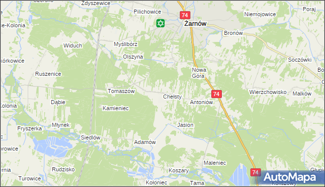 mapa Chełsty gmina Żarnów, Chełsty gmina Żarnów na mapie Targeo