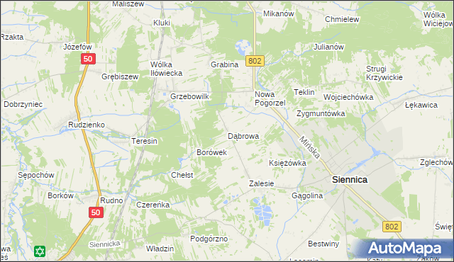 mapa Dąbrowa gmina Siennica, Dąbrowa gmina Siennica na mapie Targeo