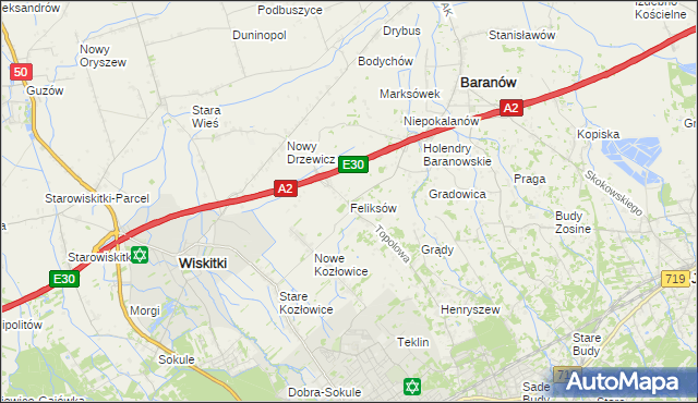 mapa Feliksów gmina Wiskitki, Feliksów gmina Wiskitki na mapie Targeo