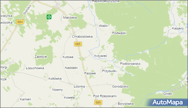 mapa Krzywiec gmina Narew, Krzywiec gmina Narew na mapie Targeo