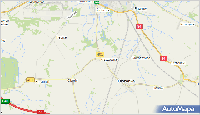 mapa Krzyżowice gmina Olszanka, Krzyżowice gmina Olszanka na mapie Targeo
