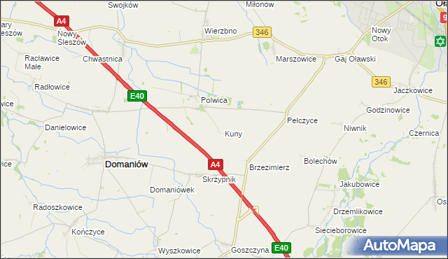 mapa Kuny gmina Domaniów, Kuny gmina Domaniów na mapie Targeo