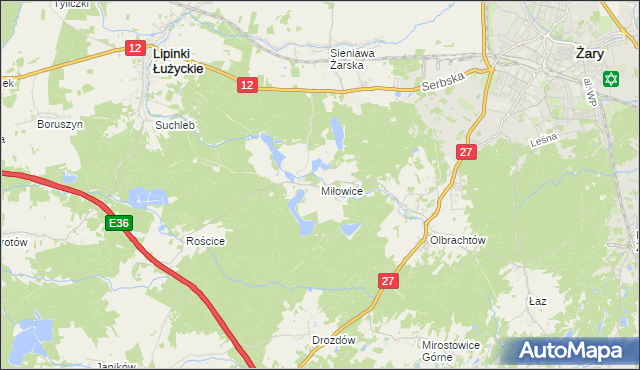 mapa Miłowice gmina Żary, Miłowice gmina Żary na mapie Targeo