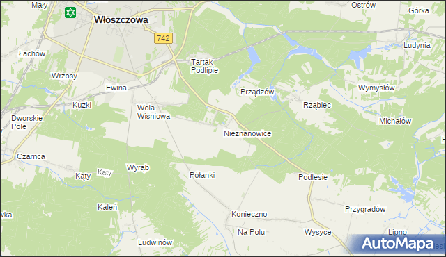 mapa Nieznanowice gmina Włoszczowa, Nieznanowice gmina Włoszczowa na mapie Targeo