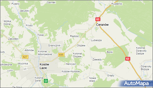 mapa Olszew gmina Ceranów, Olszew gmina Ceranów na mapie Targeo