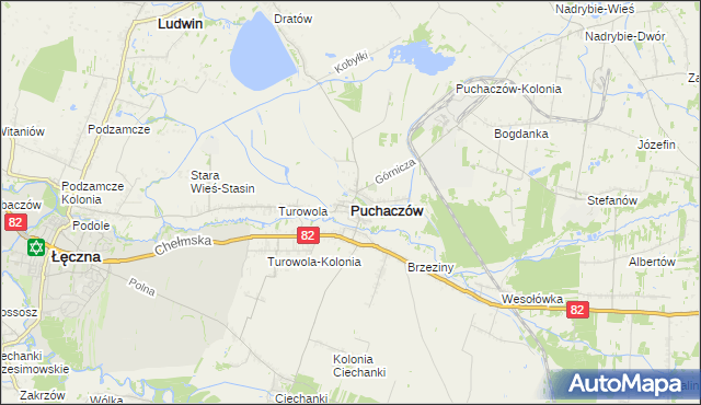 mapa Puchaczów powiat łęczyński, Puchaczów powiat łęczyński na mapie Targeo