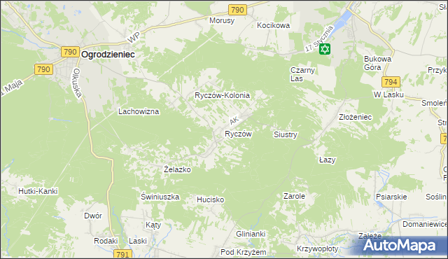 mapa Ryczów gmina Ogrodzieniec, Ryczów gmina Ogrodzieniec na mapie Targeo