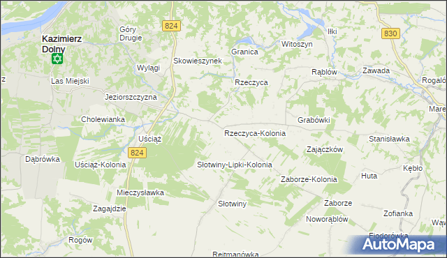 mapa Rzeczyca-Kolonia gmina Kazimierz Dolny, Rzeczyca-Kolonia gmina Kazimierz Dolny na mapie Targeo