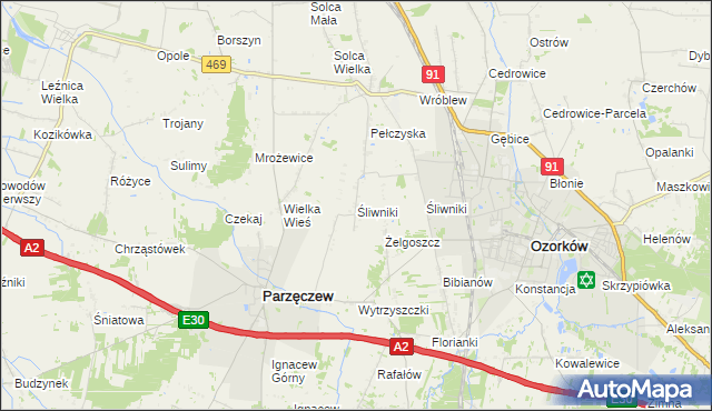 mapa Śliwniki gmina Parzęczew, Śliwniki gmina Parzęczew na mapie Targeo