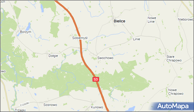 mapa Swochowo gmina Bielice, Swochowo gmina Bielice na mapie Targeo