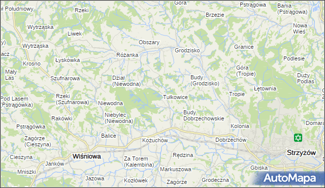 mapa Tułkowice gmina Wiśniowa, Tułkowice gmina Wiśniowa na mapie Targeo