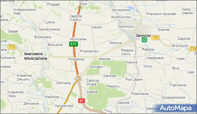 mapa Wesoła gmina Słomniki, Wesoła gmina Słomniki na mapie Targeo