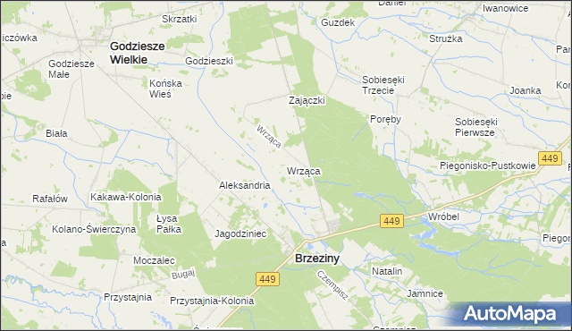 mapa Wrząca gmina Brzeziny, Wrząca gmina Brzeziny na mapie Targeo