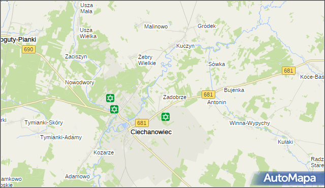 mapa Zadobrze gmina Ciechanowiec, Zadobrze gmina Ciechanowiec na mapie Targeo